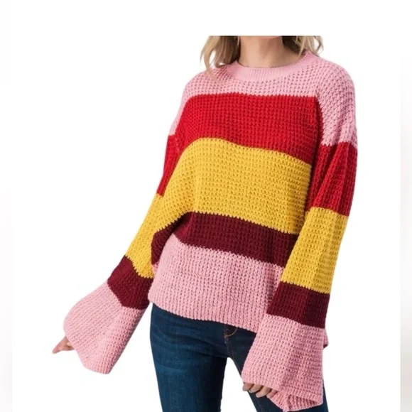 Umgee Pink, Red, Yellow, and Brown Striped Sweater - Picture 4 of 6
